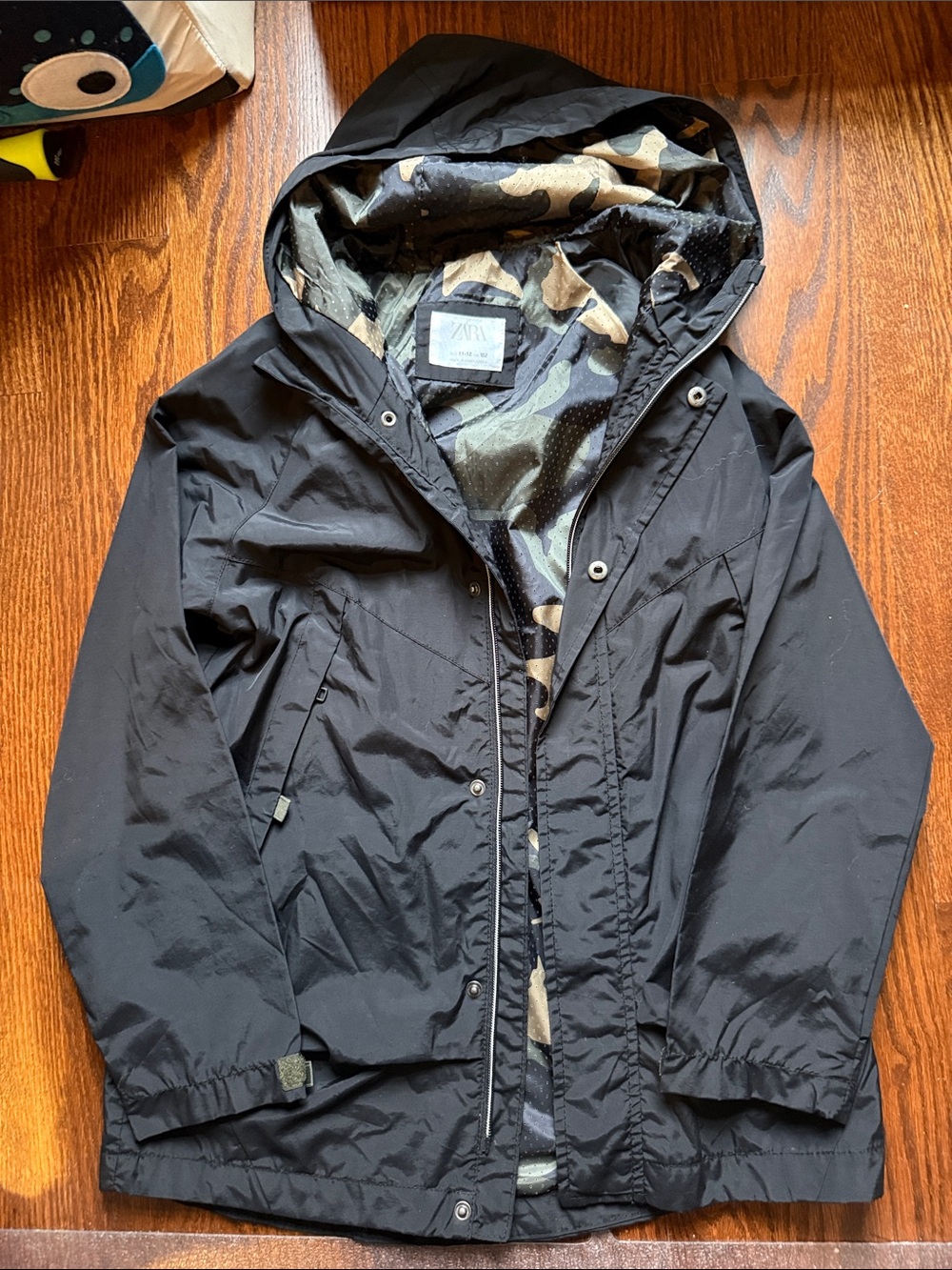 Zara Black Hooded Raincoat with Camouflage Lining